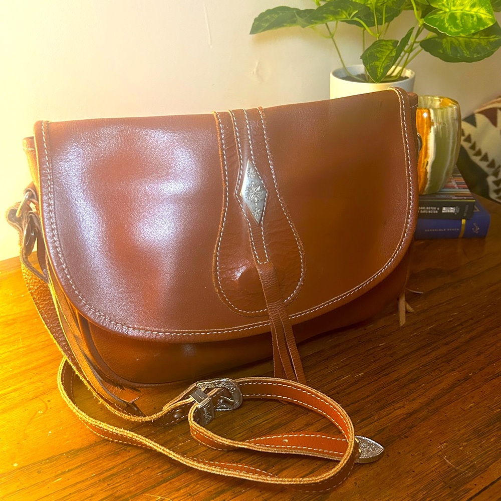 Vintage Brown Leather Saddlebag with Silver Detailing